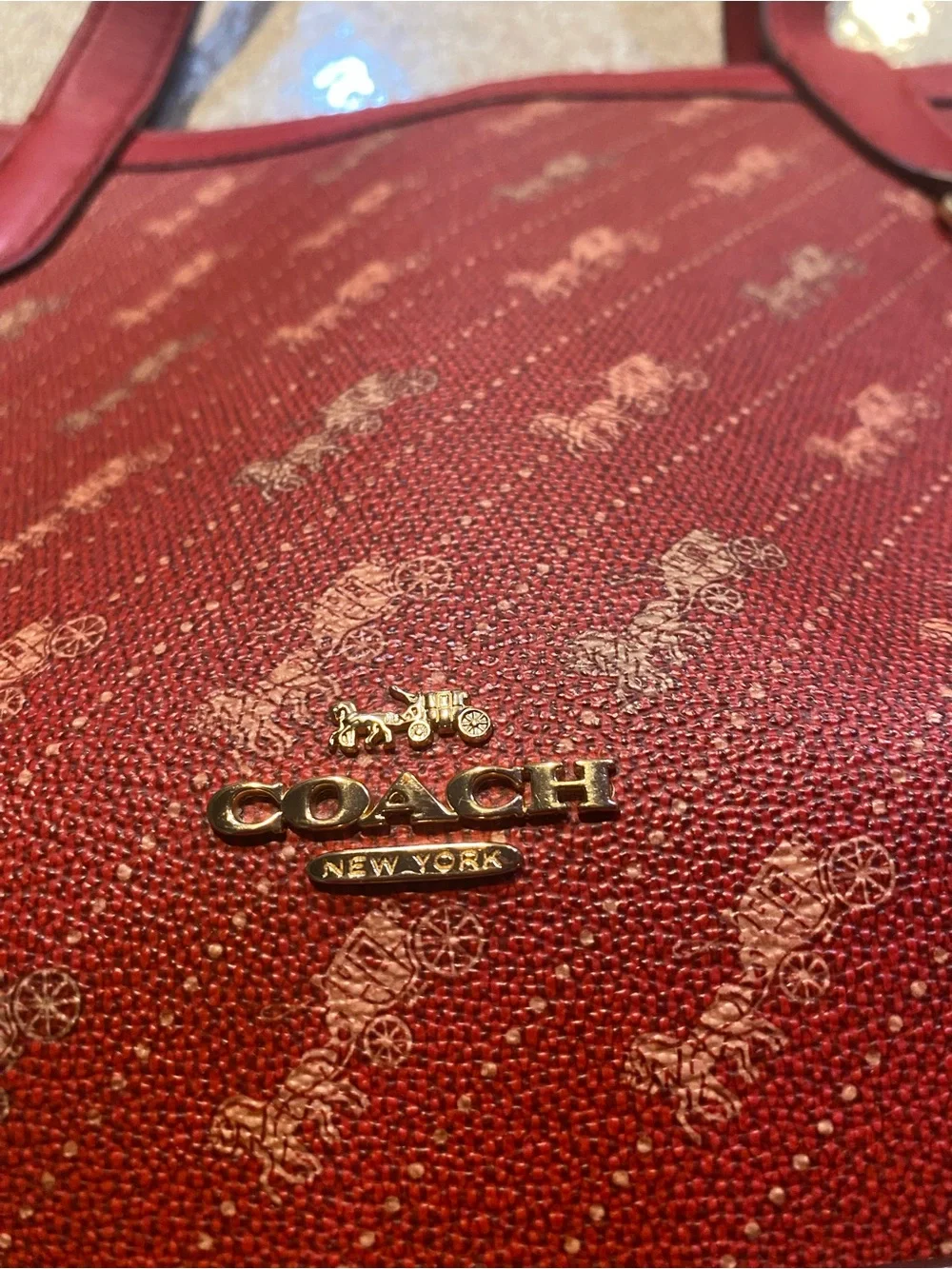 Coach Red Signature Monogram Hobo Tote with Gold Logo